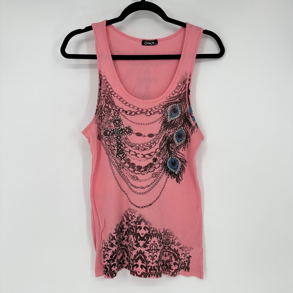 Y2K Cotty On Pink Ribbed Tank Cross Peacock Rhinestones Chains 2000 Boho Goth XL